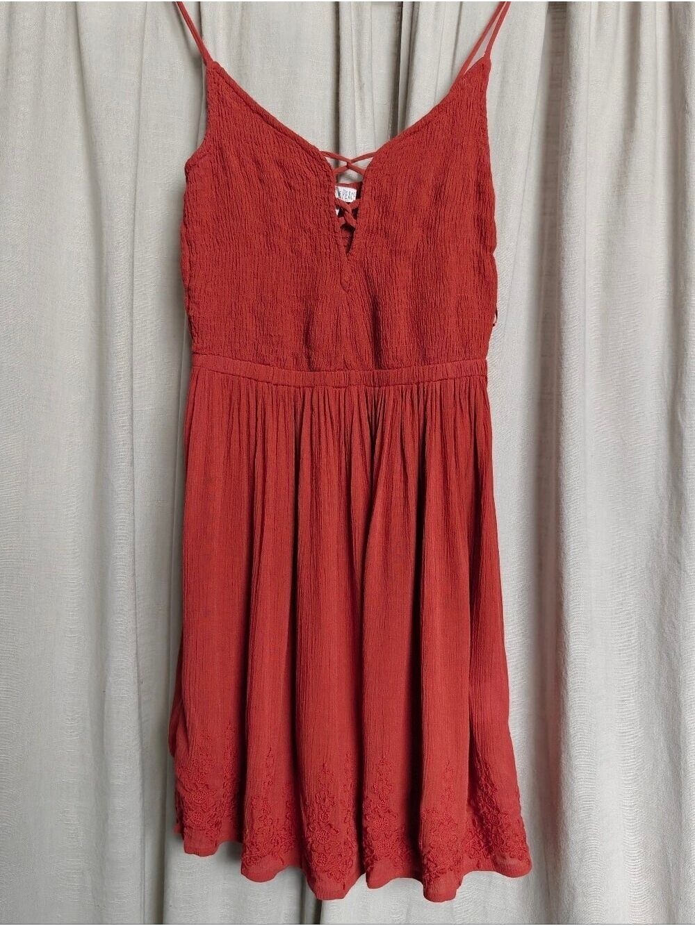 Patrons of Peace Smocked Crepe Mini Dress Sleeveless Embroidered Coral Orange XS